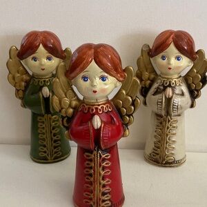 Christmas decorations Set of 3 Vtg wooden Angel Figurines made in Japan 8”